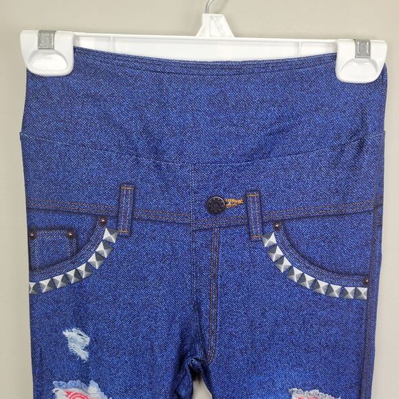 Dren Designs Medium Wash Faux Distressed Denim Red Bandana Accents Leggings‎ OS - Picture 3 of 6